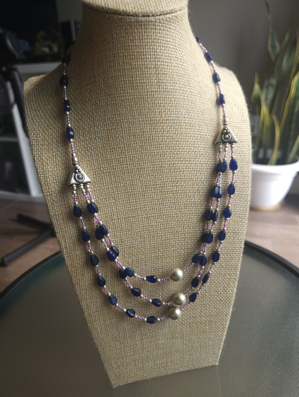 Multi-Strand Navy Bead Necklace with Gold Accents